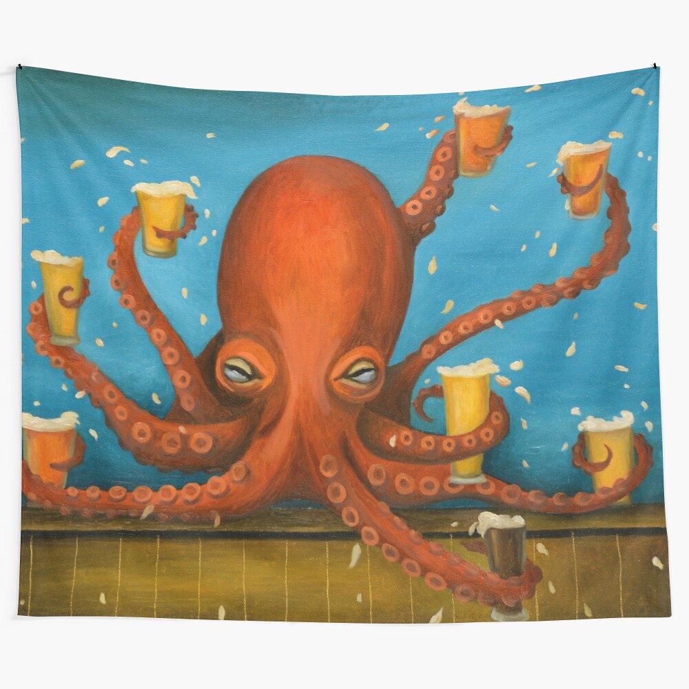 Colorful tapestry featuring an octopus with drinking glasses, perfect for parties and gatherings