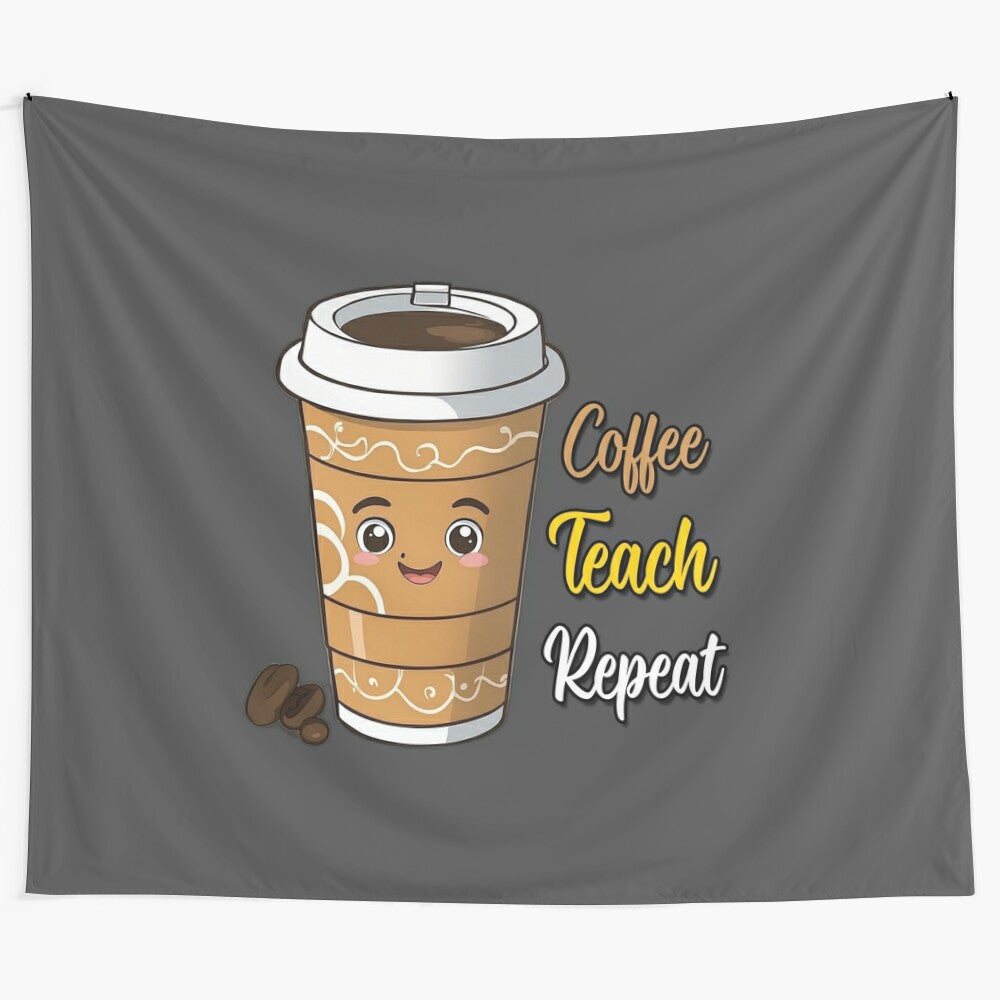 Tapestry with floral and book art design featuring positive affirmation "coffee teach repeat"