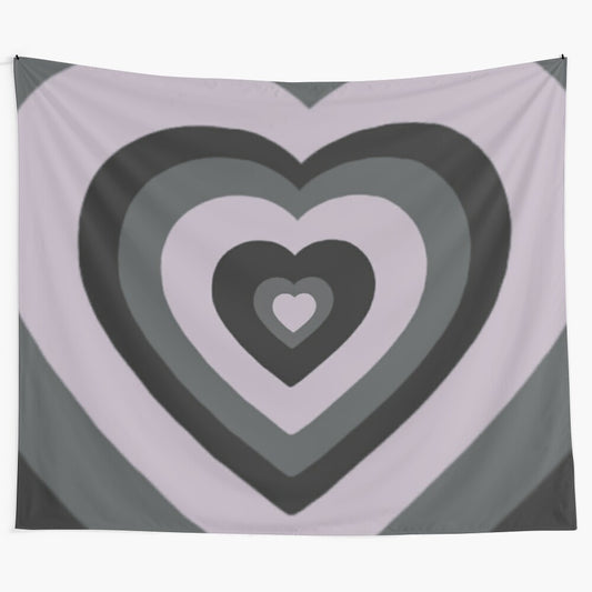 Artisanal retro heart tapestry with a hypnotic, layered heart design in a vintage, indie aesthetic