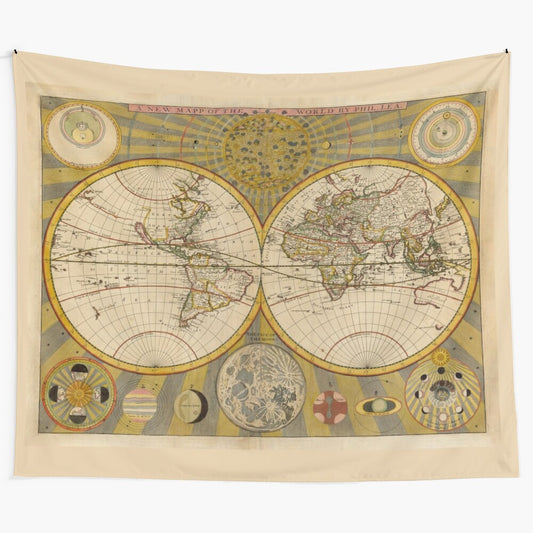 Vintage-style world map tapestry featuring an old, historical map of the globe