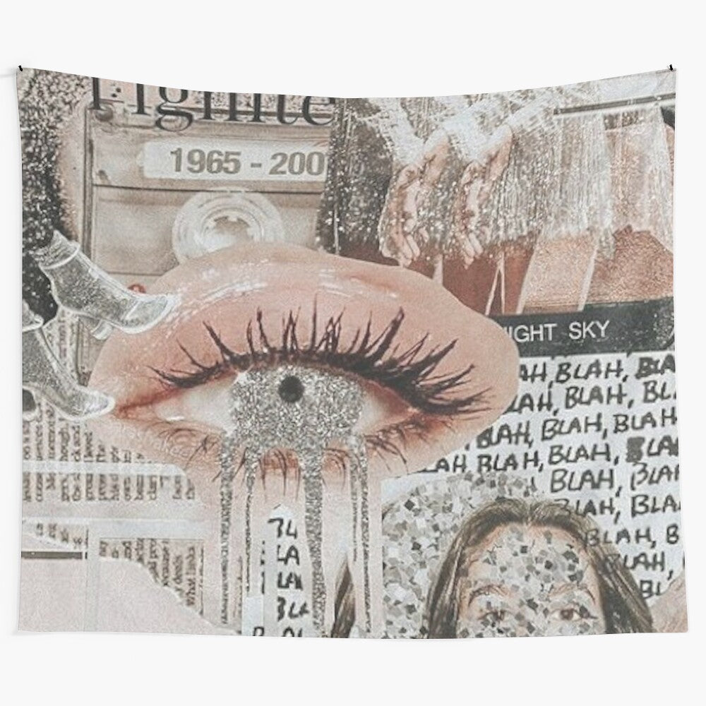 Enchanting tapestry with collage-style design featuring eyes and other aesthetic elements