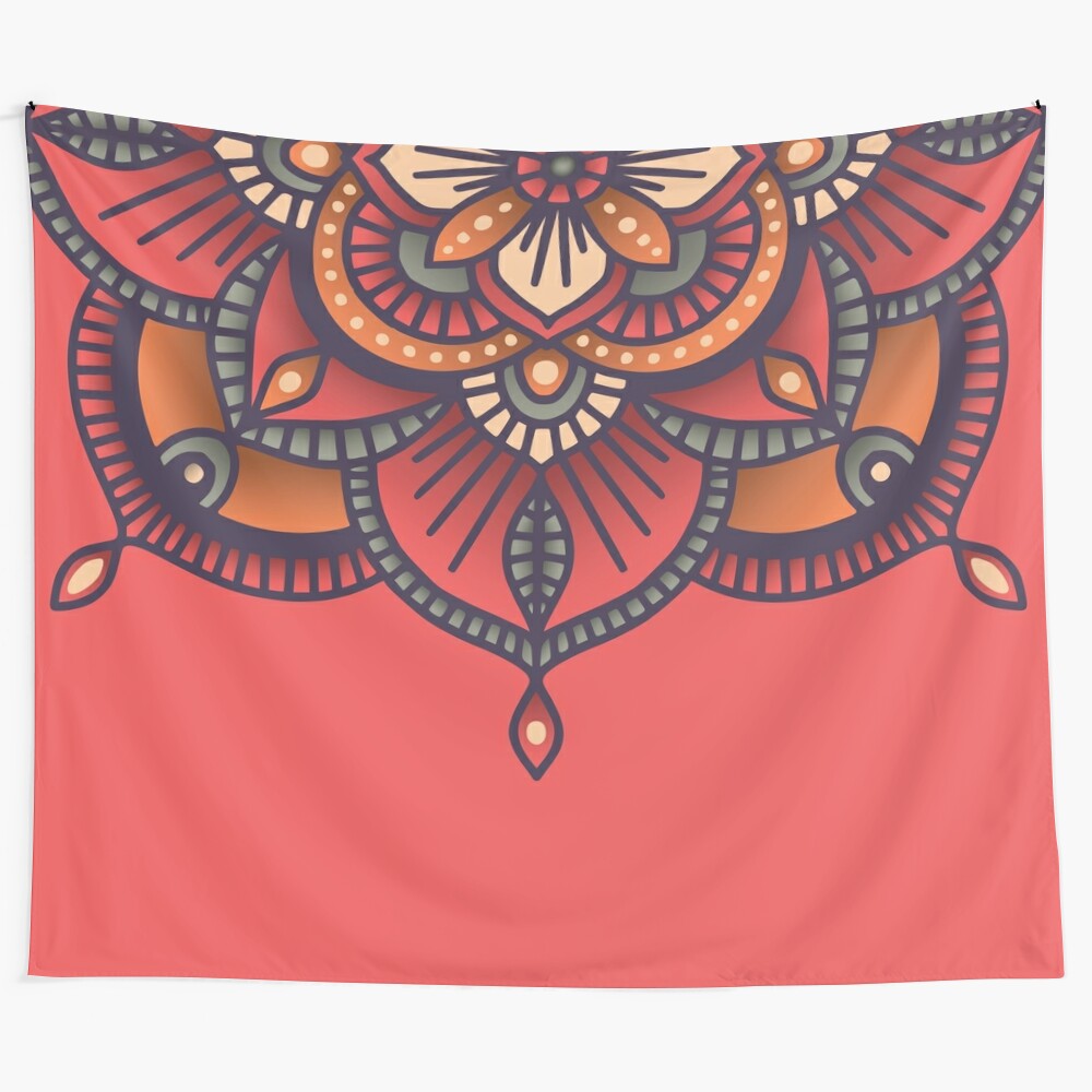 Red mandala tapestry with intricate floral and ethnic patterns