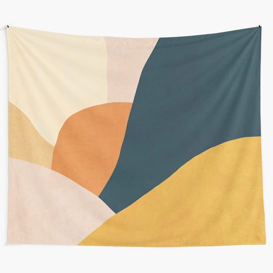 Colorful mid-century sunset tapestry with abstract mountain landscape design