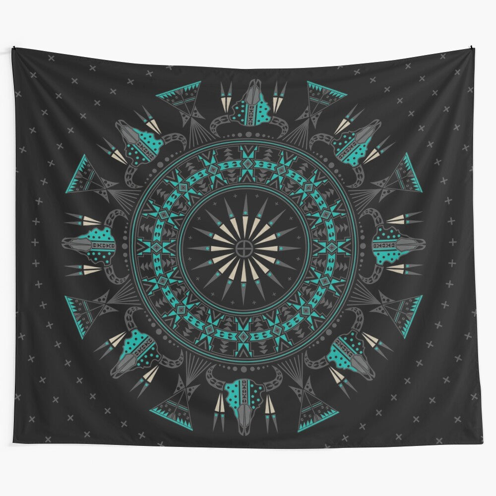 Aqua buffalo skull and feather tapestry wall hanging