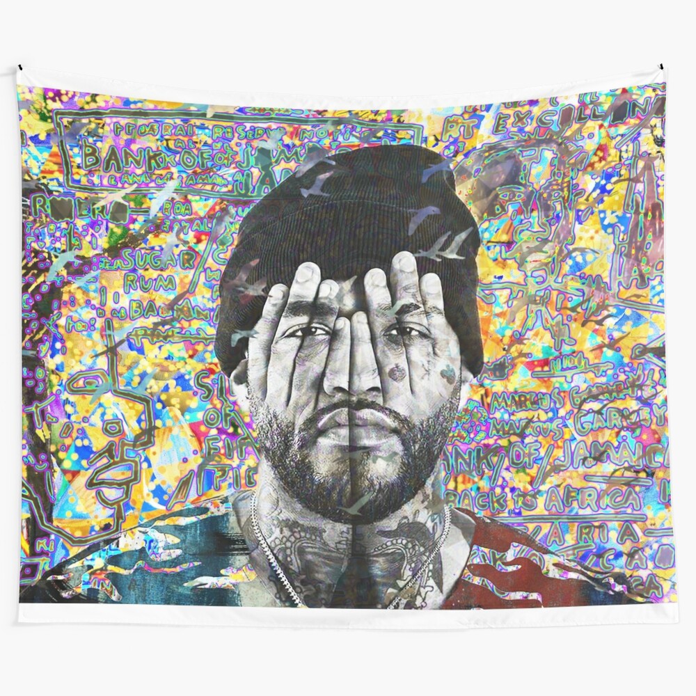 Joyner Lucas inspired portrait tapestry featuring poetic lyrics and urban street art