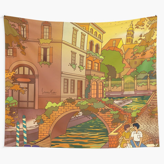 Magical "Two Years Later" tapestry featuring a dreamy, surreal illustration with a girl, witch, and Japanese-inspired architecture