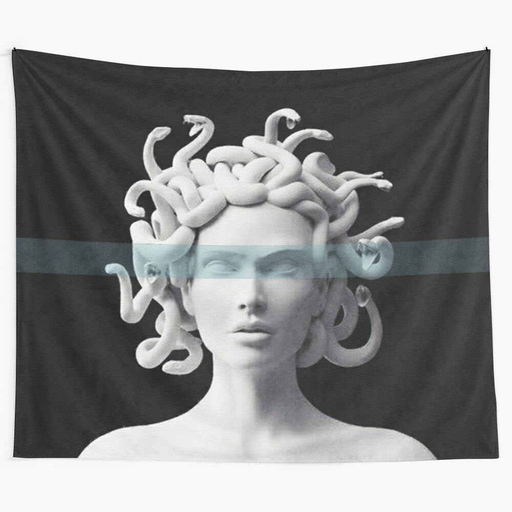 Medusa tapestry featuring a surreal photomanipulation of the mythological figure with lines, shadows, and a modern aesthetic