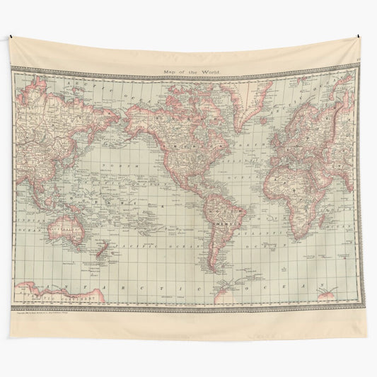 Vintage-inspired world map tapestry showcasing historical cartography and geography