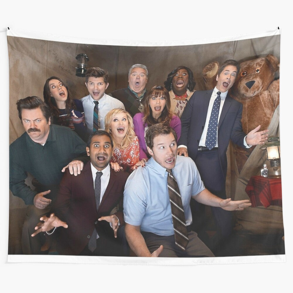 Parks and Recreation inspired tapestry featuring characters Leslie Knope and Andy Dwyer