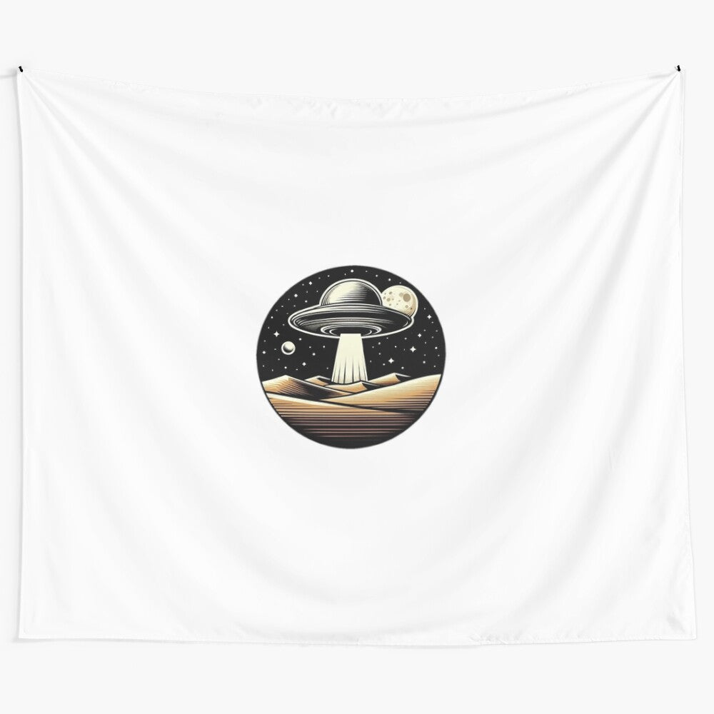 Desert UFO Encounter Tapestry featuring a mysterious flying saucer in a starry night sky