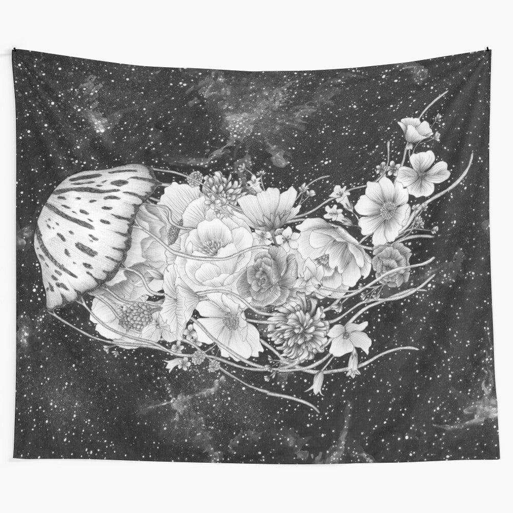 Whimsical jellyfish tapestry featuring a surreal, cosmic underwater scene