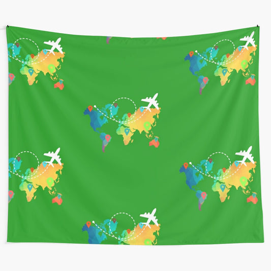 Educational world map tapestry featuring nature, animals, and cosmic elements for a vintage classroom aesthetic.