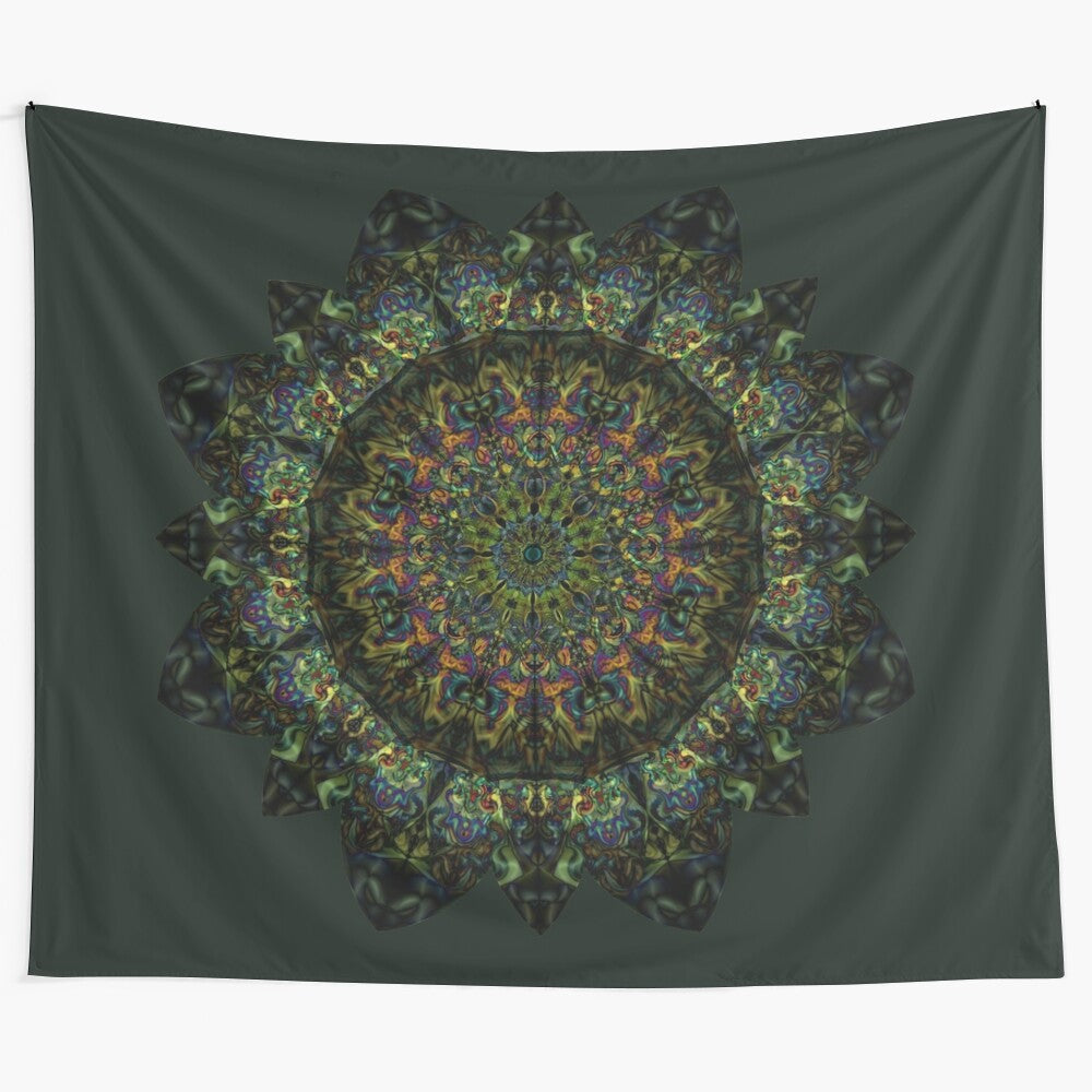 Vibrant fractal mandala tapestry with psychedelic, trippy, and visionary designs