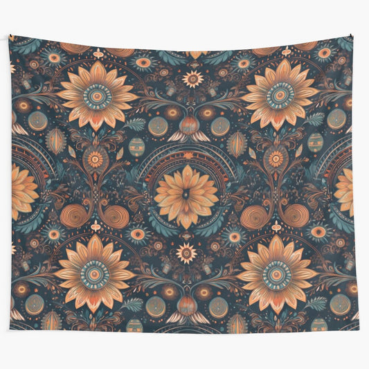 Boho Retro Tapestry with Golden Daisies Floral Pattern