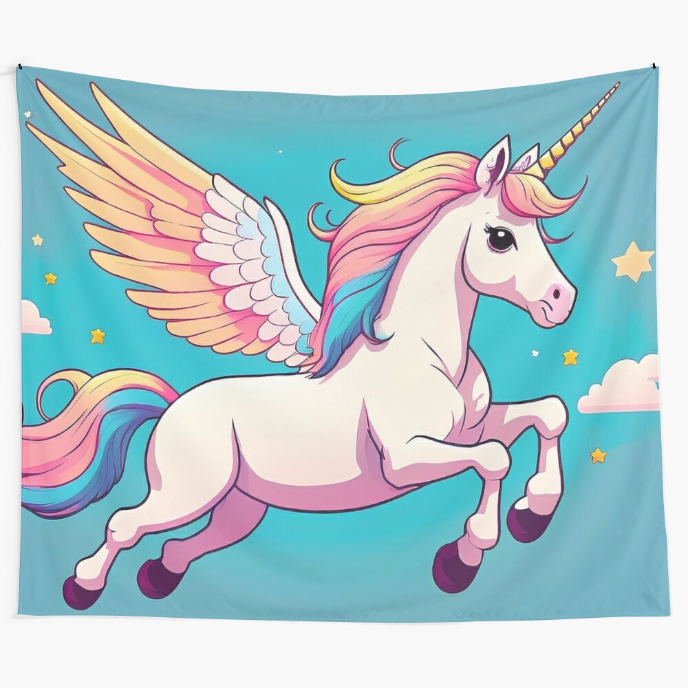 Colorful tapestry depicting a magical rainbow unicorn soaring through enchanted clouds