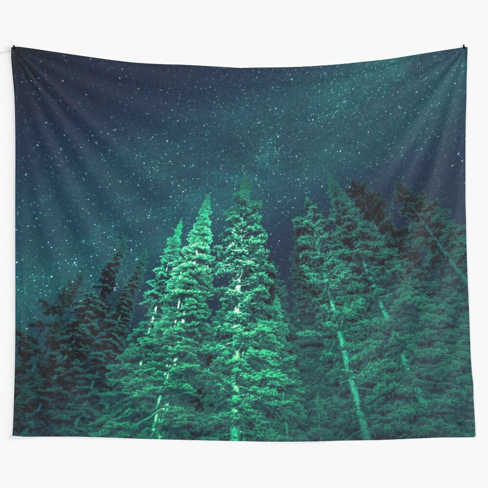 Stunning tapestry featuring a forest landscape with a starry night sky