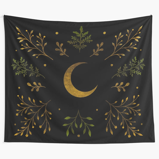 Crescent moon gold tapestry with botanical and boho design