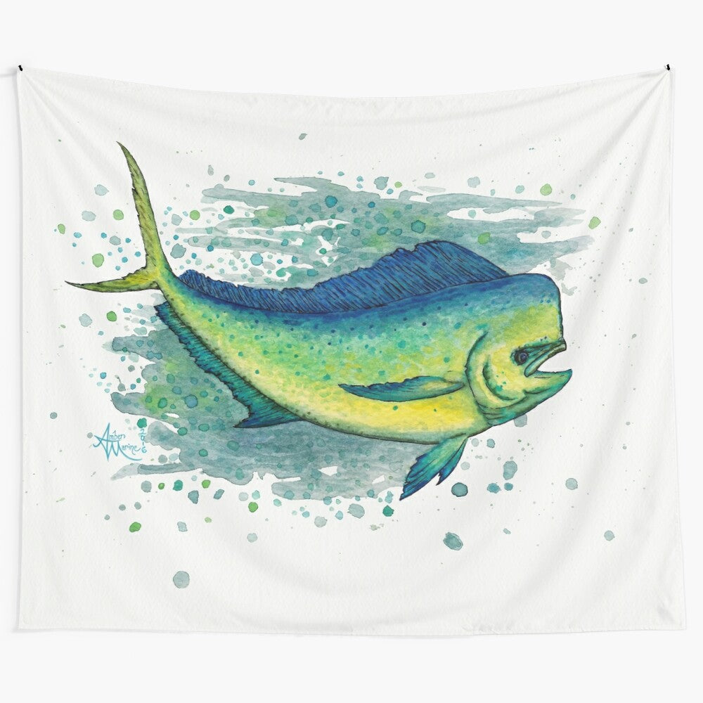 Colorful watercolor painting of a mahi mahi or dorado fish