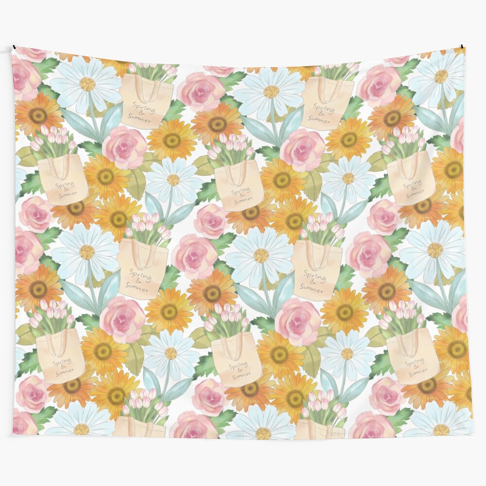 Colorful tapestry featuring tulips, sunflowers, roses, and daisies