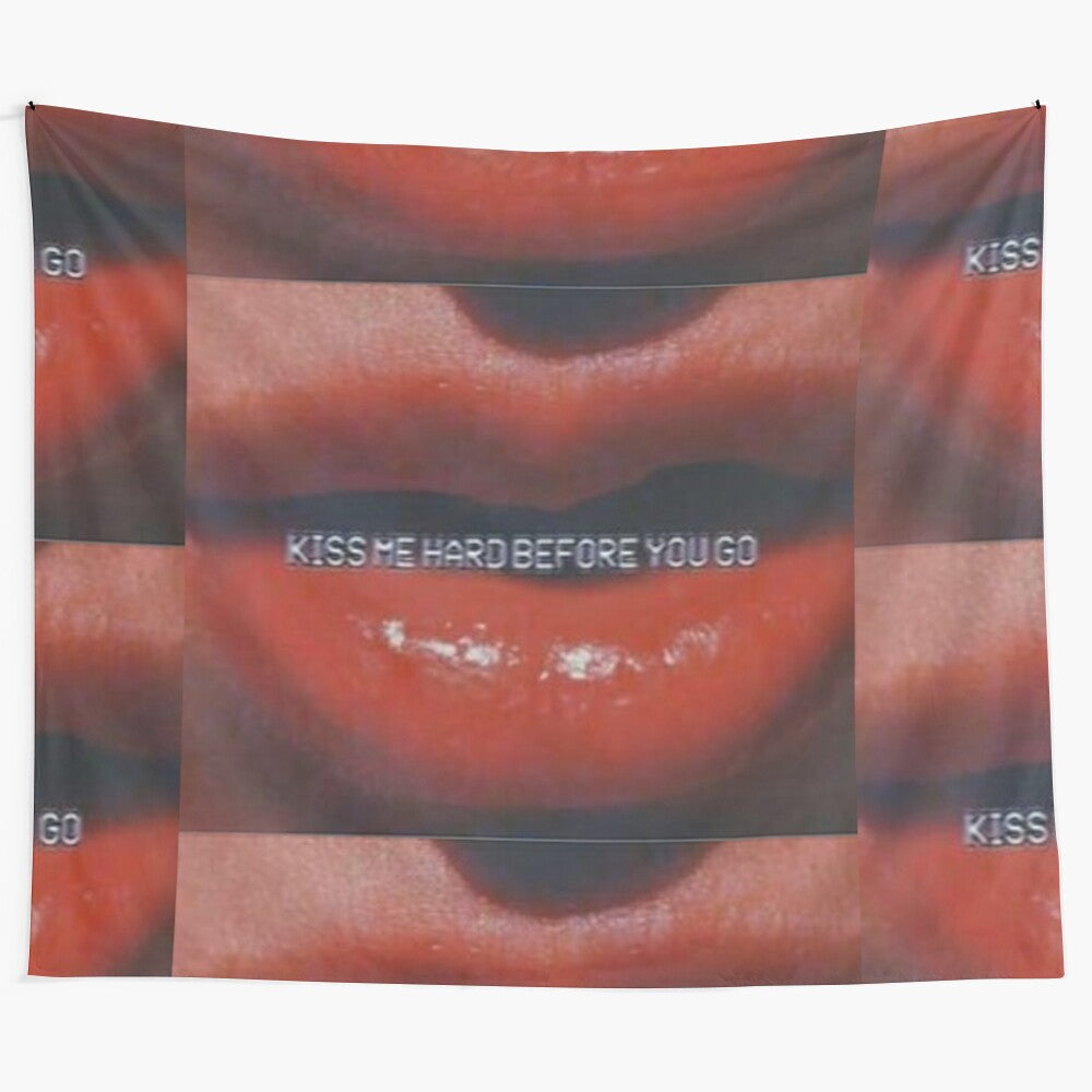 Tapestry featuring the lyrics "kiss me hard before you go" and the aesthetic of Lana Del Rey's "Summertime Sadness"