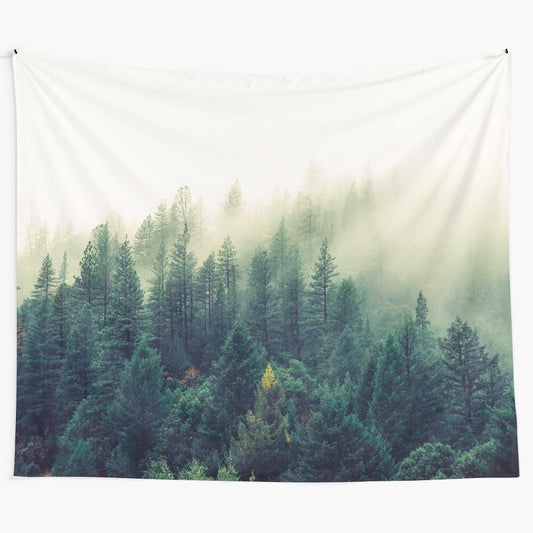 Ethereal Ascension Tapestry featuring a dreamy, misty forest landscape