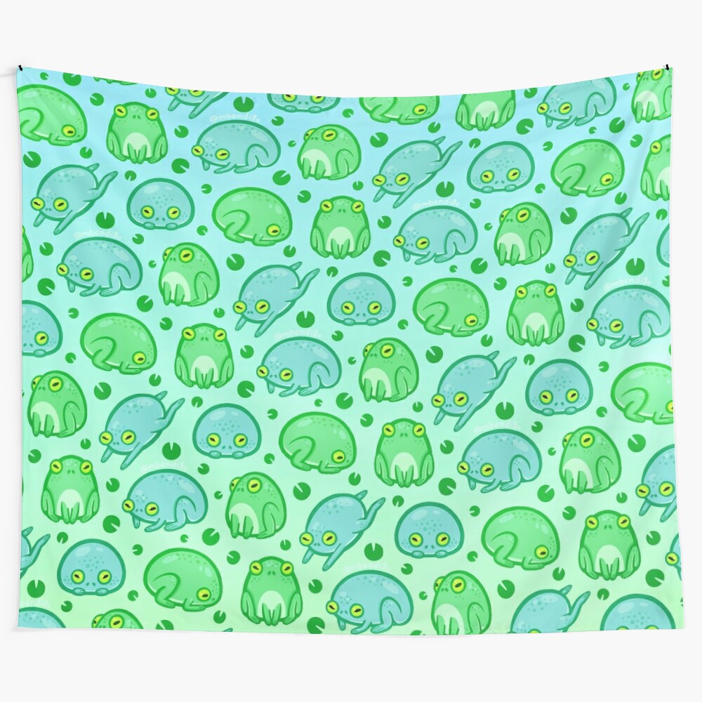 Colorful tree frog tapestry featuring a vibrant green amphibian pattern