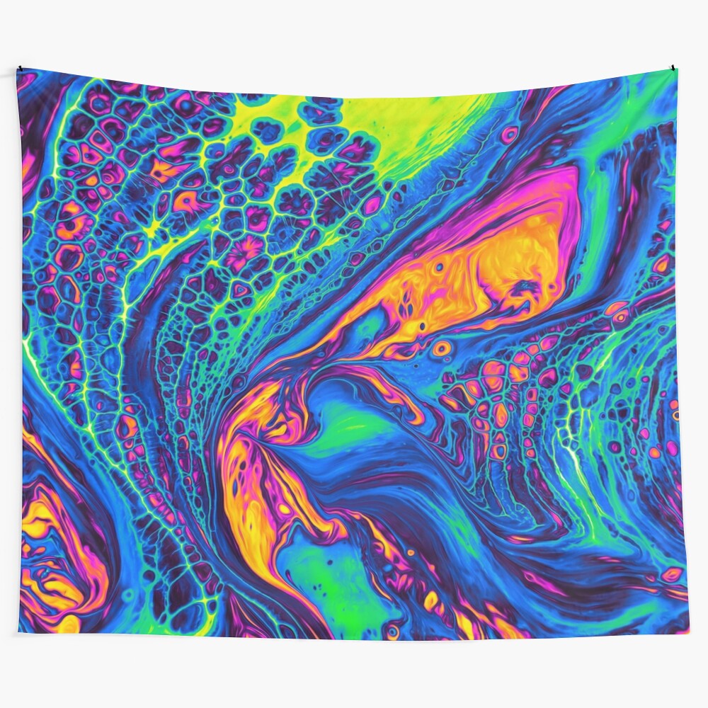 Vibrant abstract art tapestry with fluid, psychedelic colors and patterns