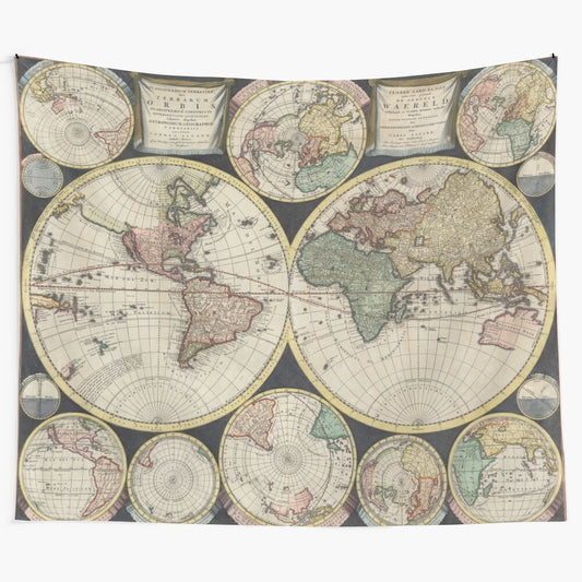 Vintage-style world map tapestry featuring an old, historical cartograph design