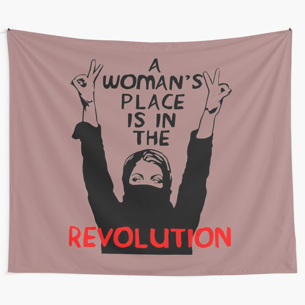 Feminist revolution tapestry with socialist, anarchist and activist imagery