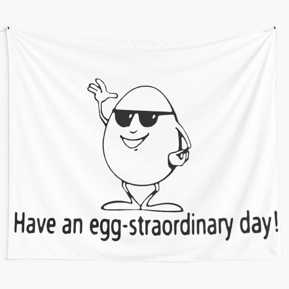 Colorful tapestry featuring a humorous "egg-straordinary" pun design