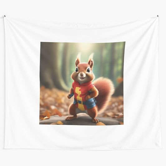 Superhero squirrel illustration on a tapestry wall hanging