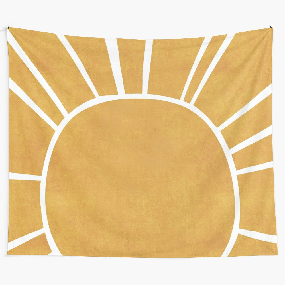 Vibrant yellow sunrise abstract tapestry with warm, radiant lines and shapes