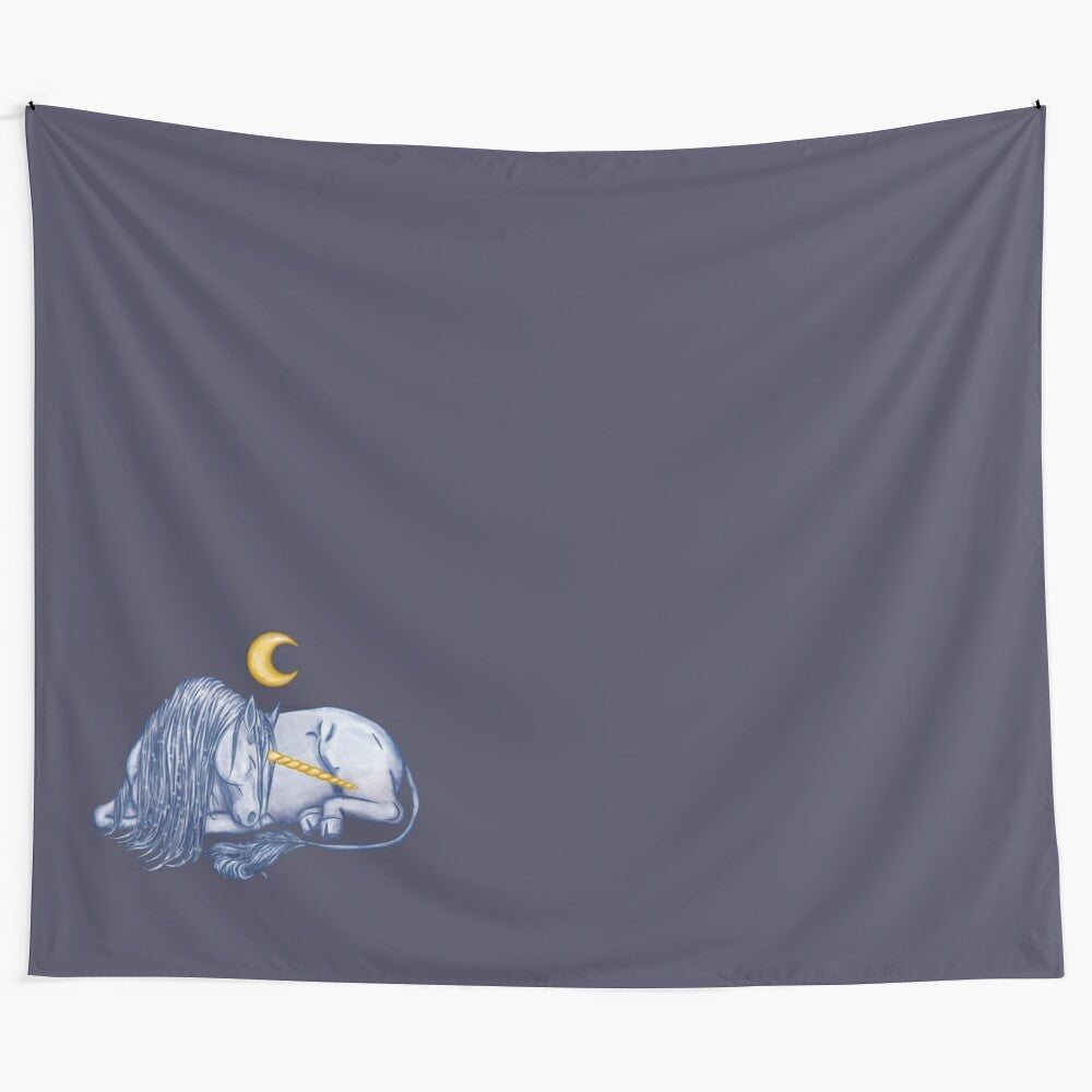 Celestial dream unicorn tapestry with a sleeping unicorn under a starry night sky