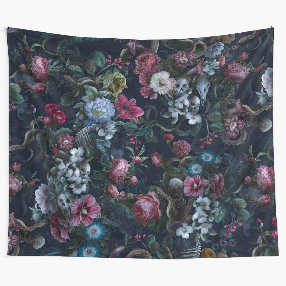 Intricate gothic-inspired tapestry featuring a seamless pattern of skulls and snakes amidst dark florals