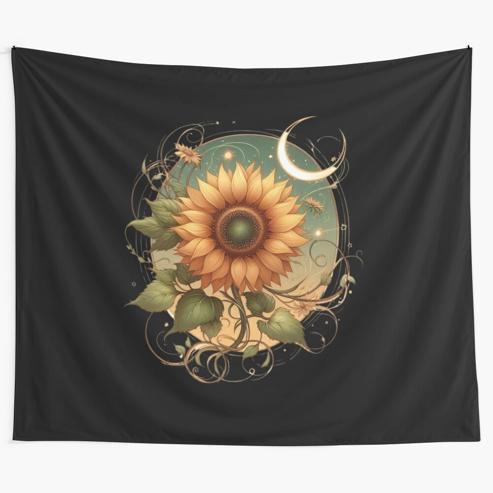 Celestial sunflower tapestry with moon and stars, bohemian home decor