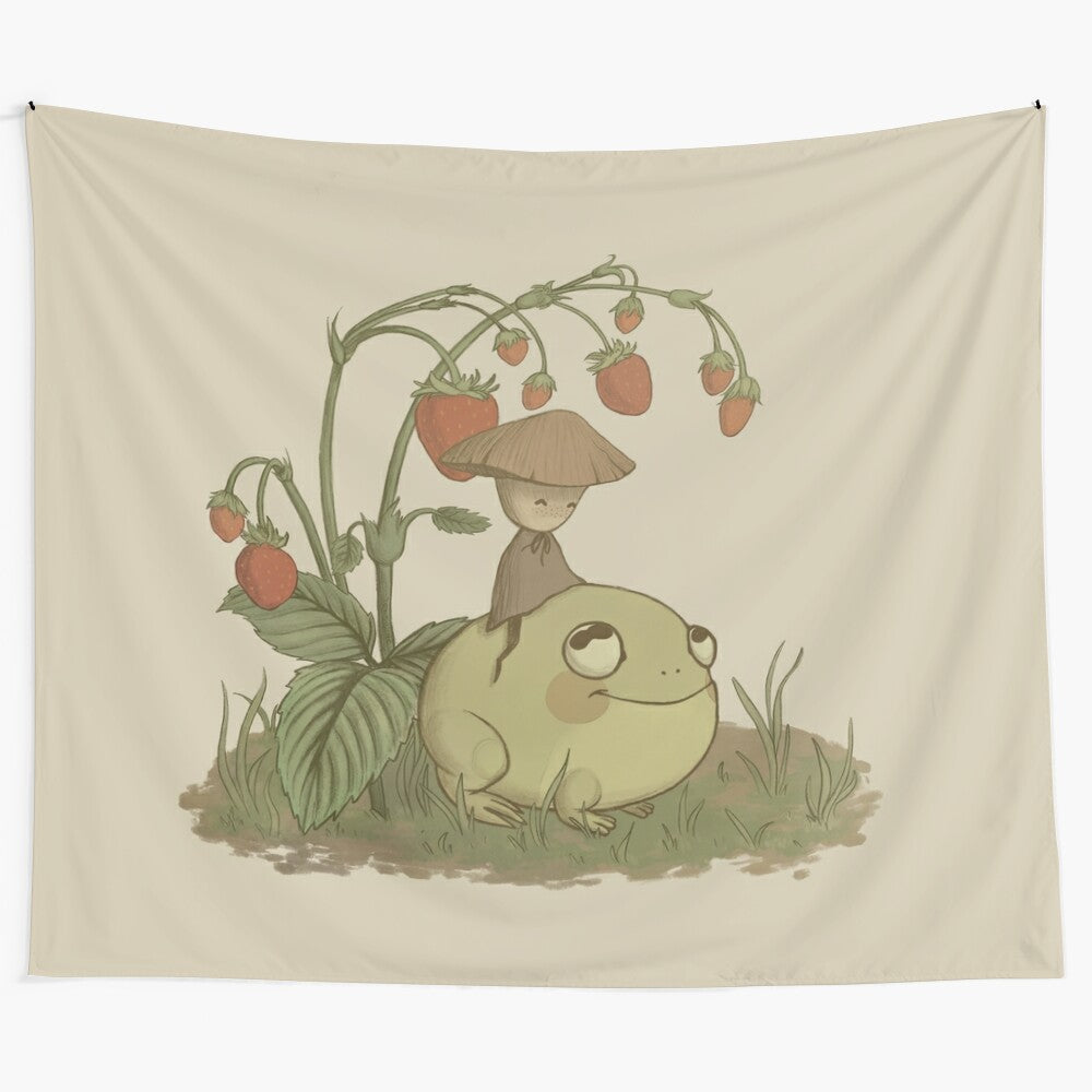 A tapestry featuring a cozy, earthy scene with colorful mushrooms and adorable frogs in a lush, natural setting.