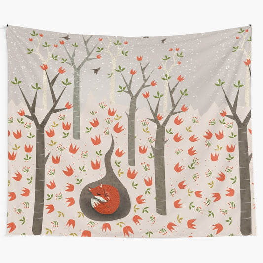 Sleeping fox in enchanted woodland tapestry wall hanging