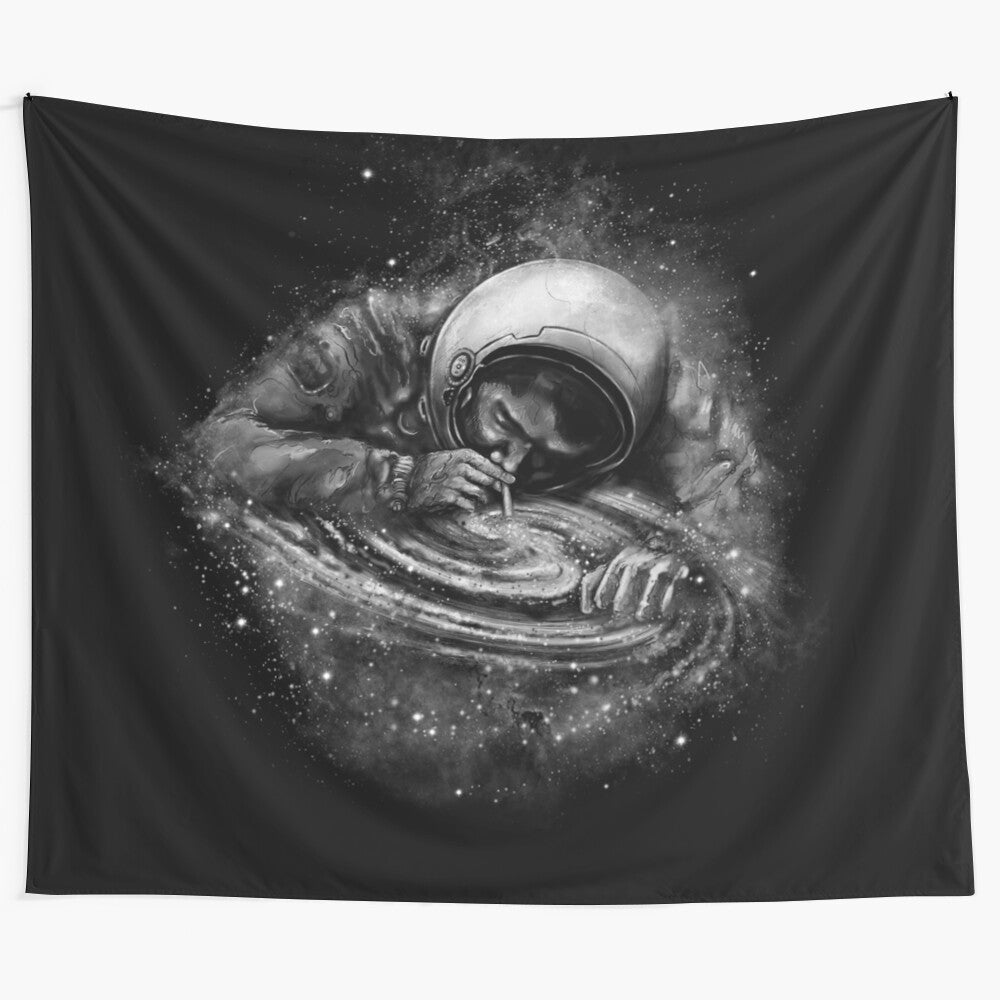 Cosmic space-inspired black and white tapestry artwork featuring an astronaut or cosmonaut in a galaxy or cosmos setting