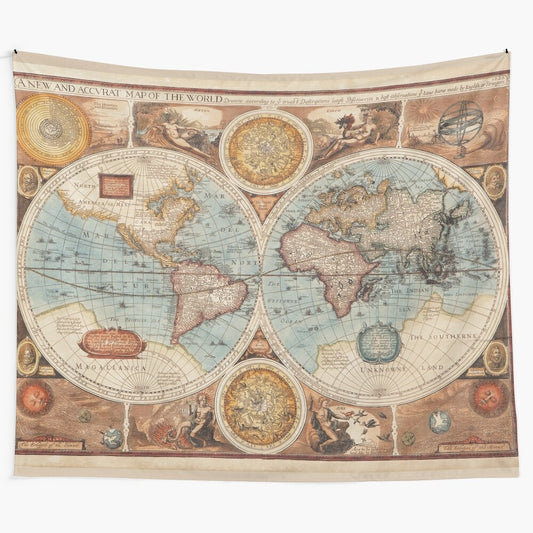 Vintage World Map Tapestry featuring a detailed geographical map of the world