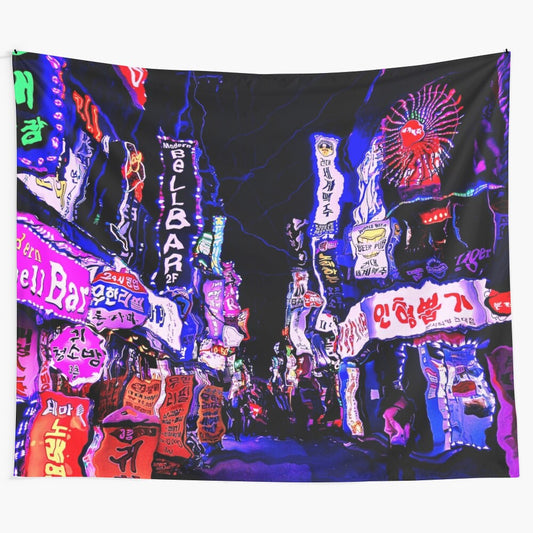 Surreal urban tapestry depicting a neon-lit, disorienting cityscape