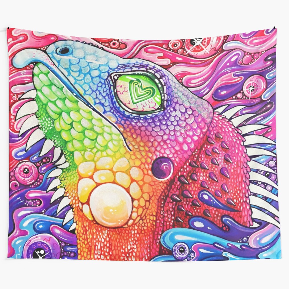 Colorful and sparkly glitter tapestry with a captivating psychedelic reptile design