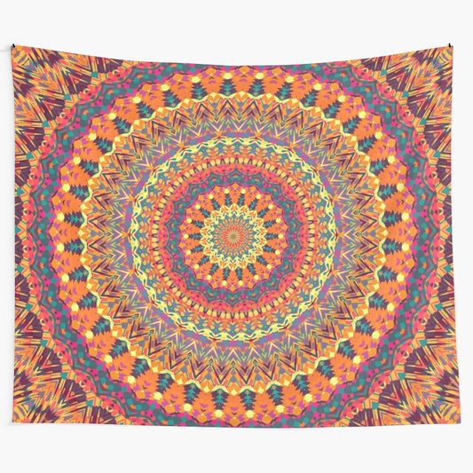 Vibrant and colorful mandala tapestry featuring sacred geometry and floral elements