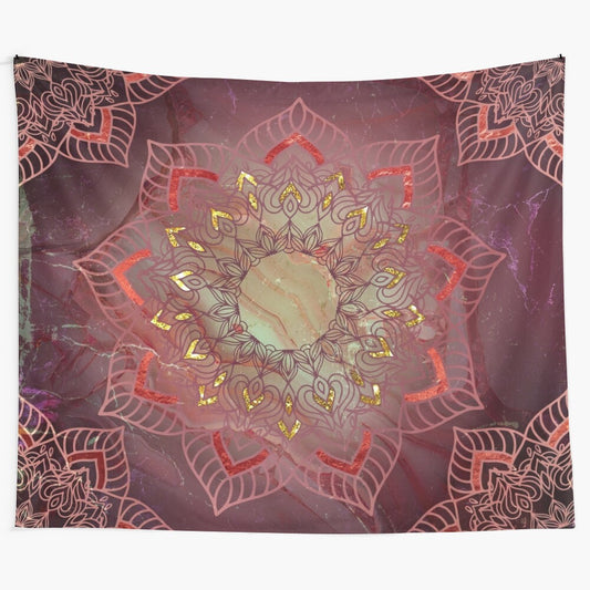 Vibrant mandala tapestry wall hanging with purple, gold, and turquoise colors