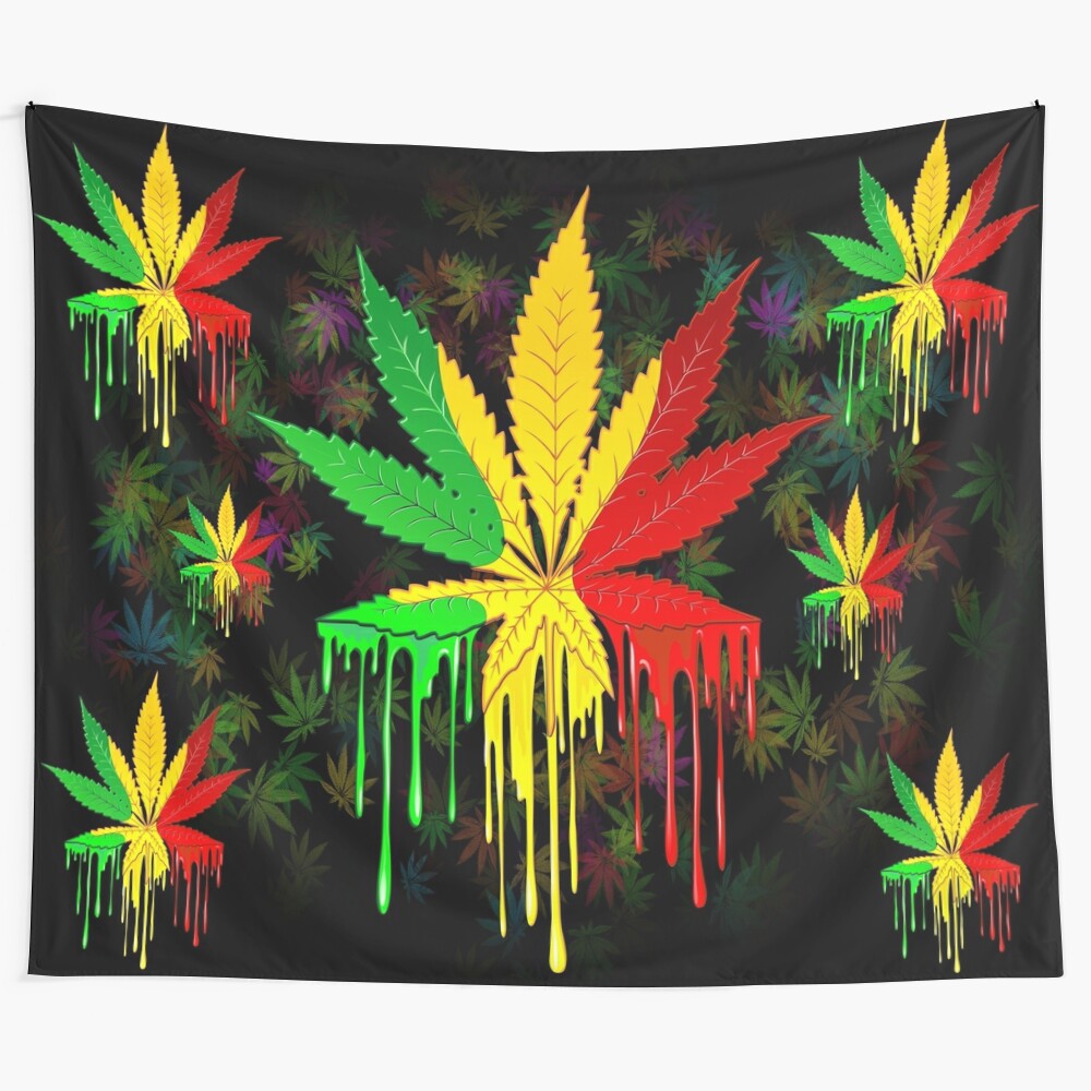 Colorful rasta leaf tapestry with abstract dripping paint design