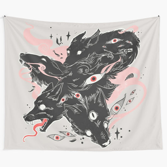 Tapestry featuring surreal wild wolves with many eyes in a trippy, indie-inspired design