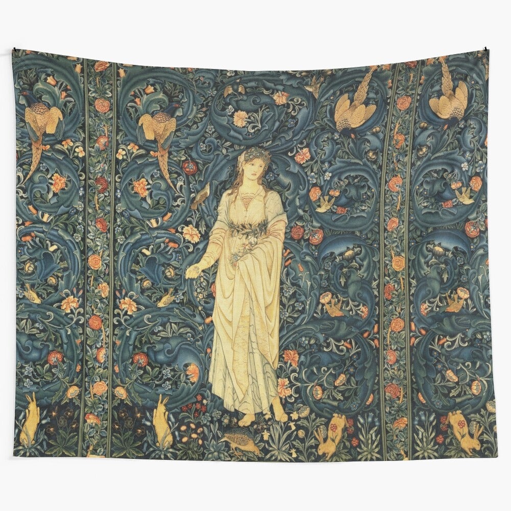 Floral tapestry featuring a lady surrounded by greenery, forest animals, pheasant birds, and rabbits