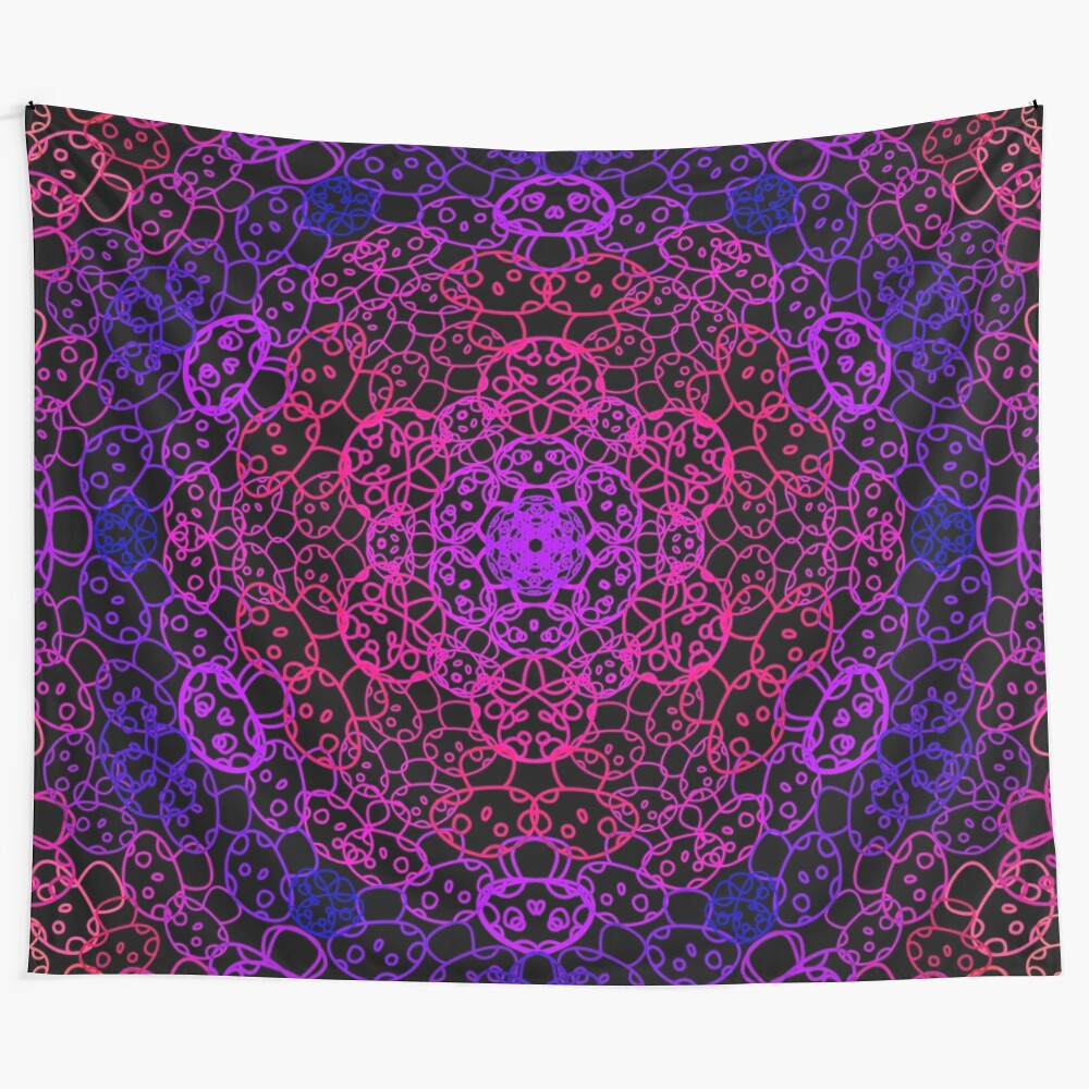 Psychedelic purple mushroom tapestry with a cursed kaleidoscope design