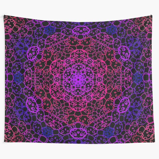 Psychedelic purple mushroom tapestry with a cursed kaleidoscope design