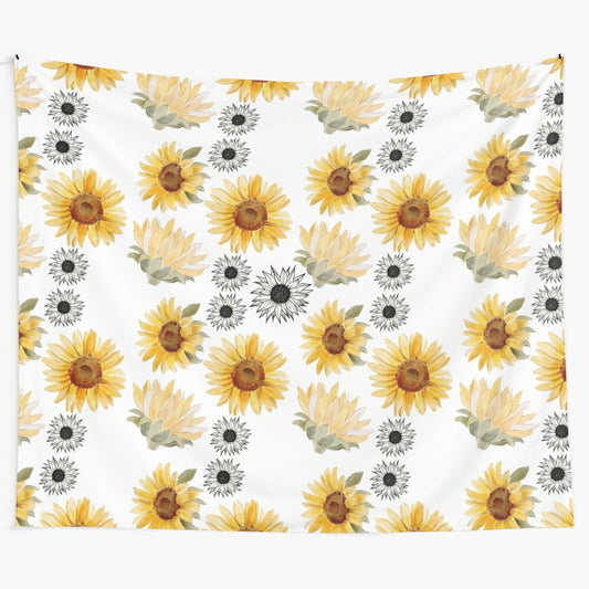 Colorful sunflower pattern tapestry with watercolor effect and brush strokes