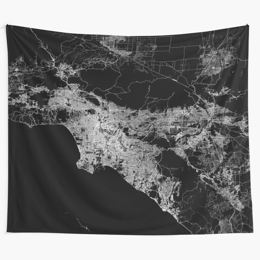 Black and white tapestry featuring a detailed map of Los Angeles, California